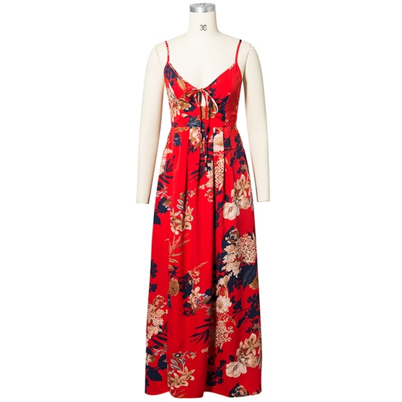 BRAND NEW Lace Up Pleated Red Floral Maxi Dress - Picture 2 of 8
